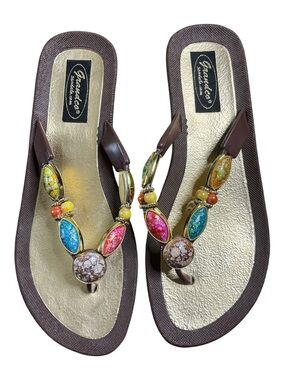 GRANDCO Expression Jeweled Wedge Thong Sandal Size 8 Brown Gold Beaded Flip Flop